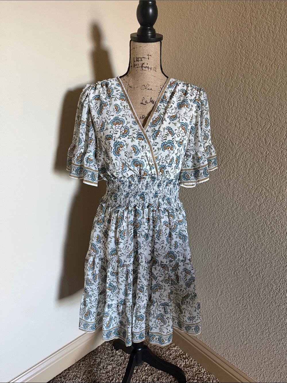 Max Studio White Mini Dress with Blue and Tan Floral Print